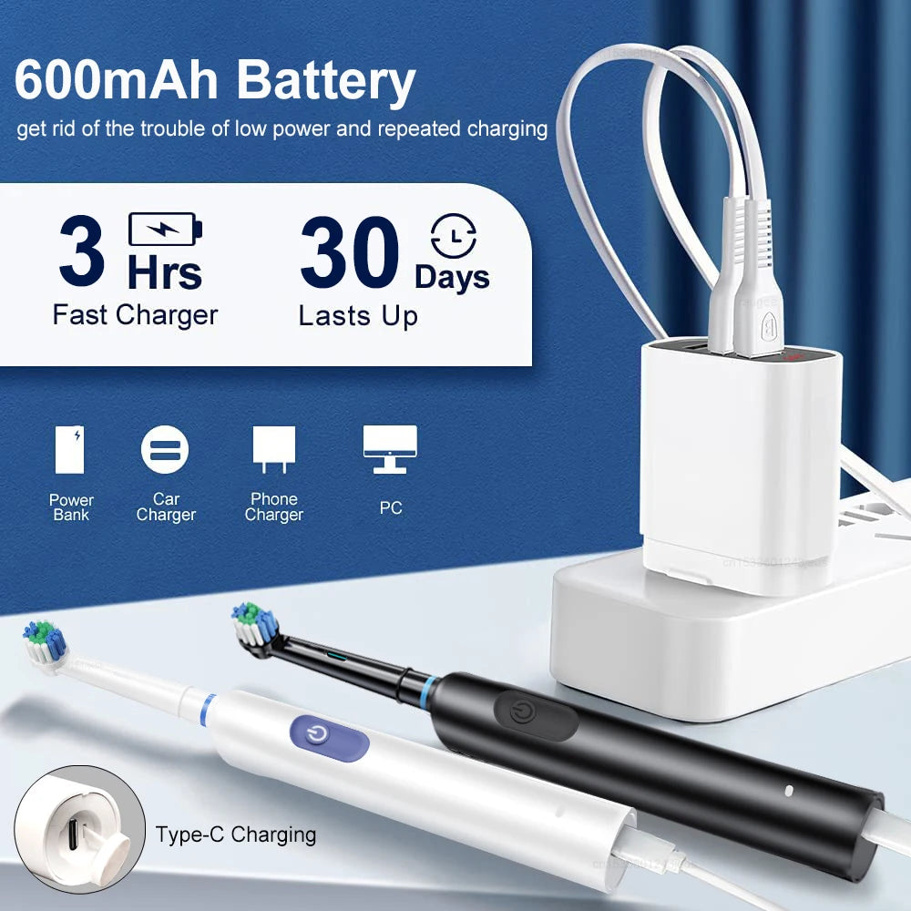 Professional Rechargeable Electric Toothbrush Kit — 8 Brush Heads + Travel Case Included